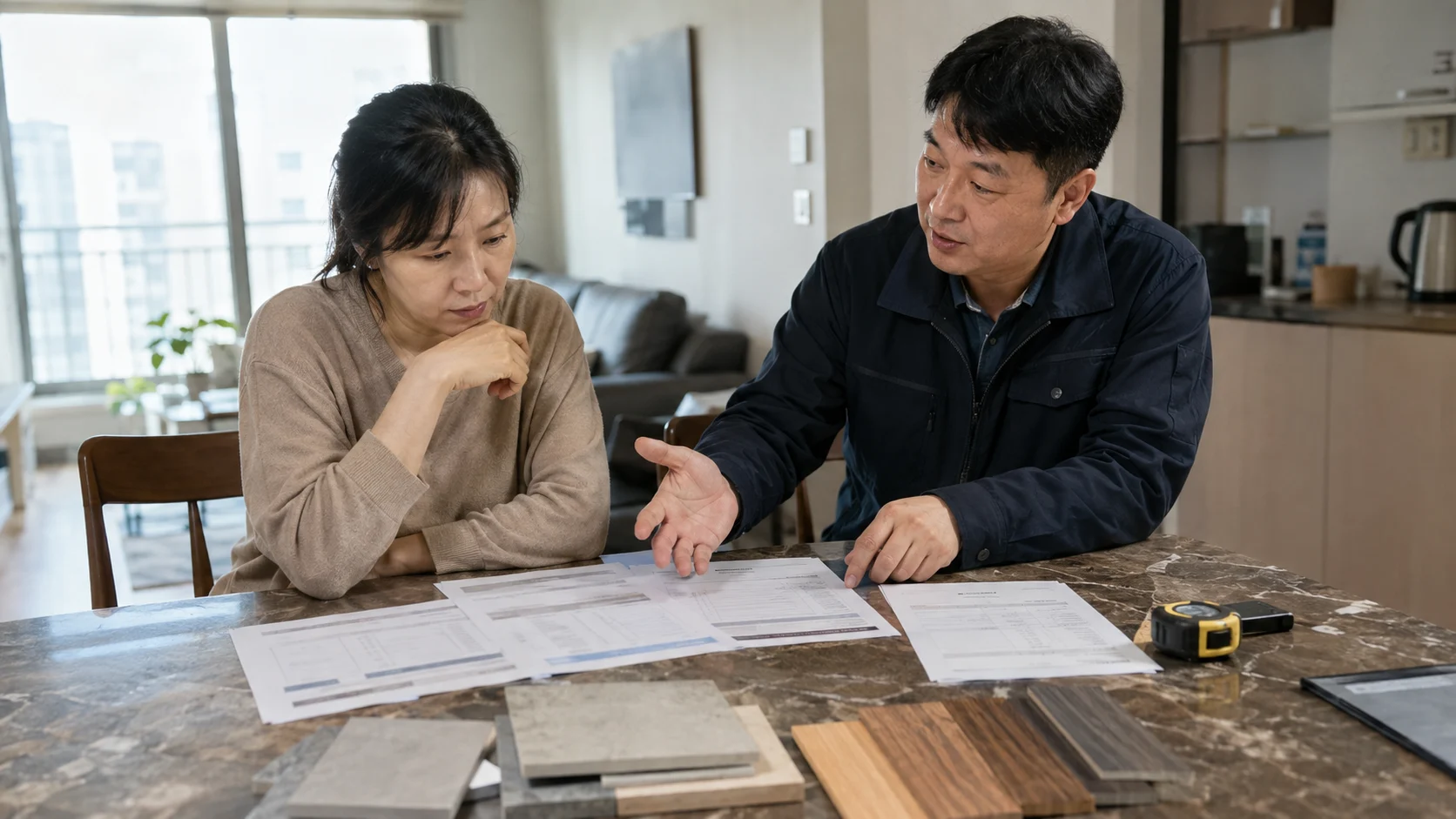 원룸 집수리 작업 범위와 자재를 점검하는 모습